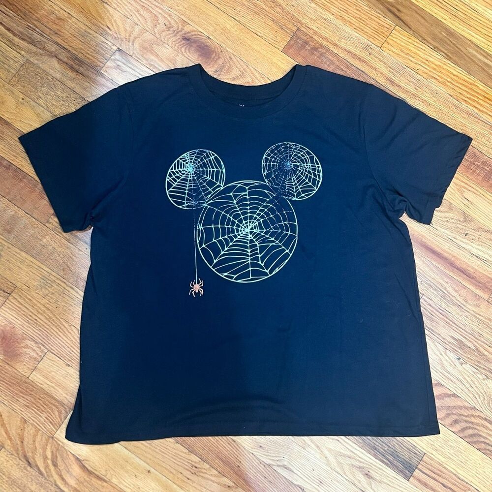 Disney Mickey Mouse Halloween T Shirt 2X Black Spider Web Graphic Top Plus Size
